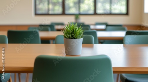Bright Shared Office Space with Green Chairs and Potted Plant Centered on Wooden Table 3d rendering