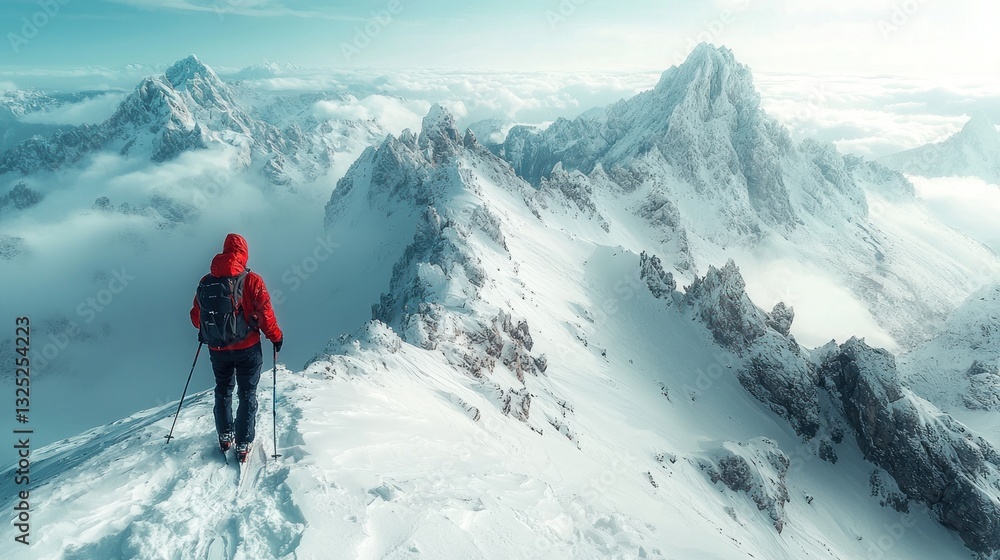 Adventurer hiking snowy mountain peak, panoramic view. Adventurer hiking snowy mountain peak, panoramic view.