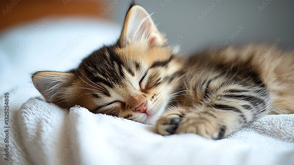 Naklejka premium Adorable Kitten Sleeping Peacefully on Soft Blanket