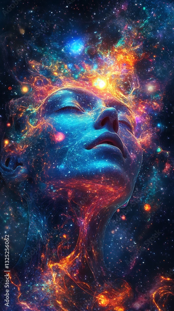 A cosmic entity merges with the beauty of the starry universe A cosmic entity merges with the beauty of the starry universe