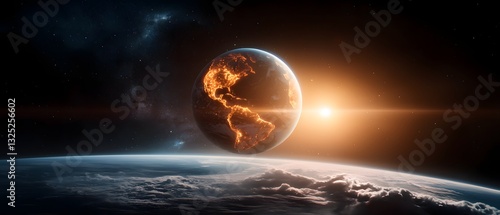 A and cinematic rendering of Earth featuring detailed data visualizations and dynamic scrolling headlines against a moody retrofuturistic and cyberpunk inspired backdrop photo