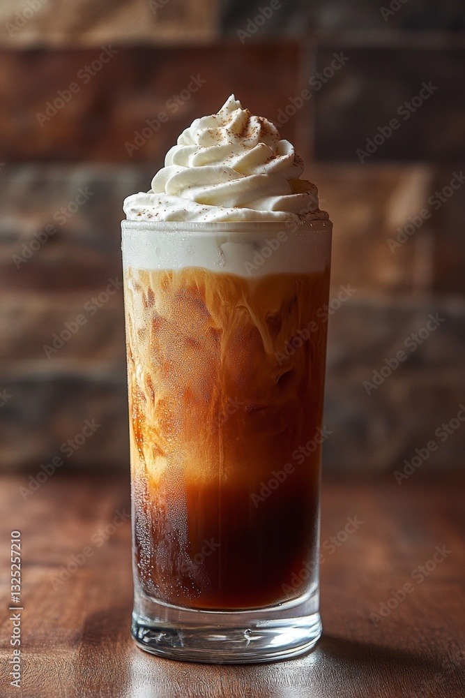 Iced coffee drink topped with whipped cream and cinnamon served in a clear glass on a wooden table with a rustic backdrop Iced coffee drink topped with whipped cream and cinnamon served in a clear glass on a wooden table with a rustic backdrop