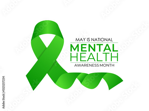 Vector illustration of Mental health awareness month observed each year during May. Brain and man head with Realistic green ribbon banner design. Banner poster, flyer and background design template.