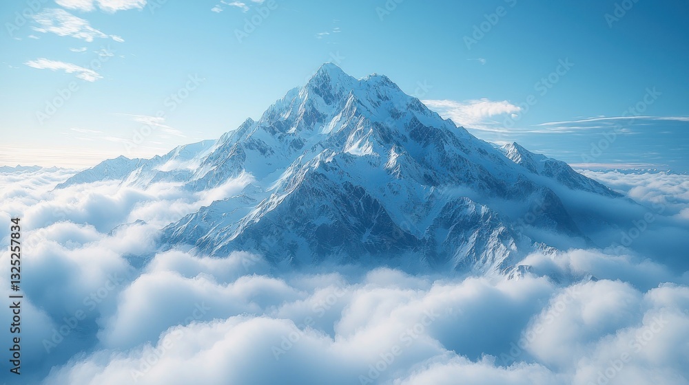 Majestic snow-capped mountain peak rising above a sea of clouds under a clear blue sky. Majestic snow-capped mountain peak rising above a sea of clouds under a clear blue sky.