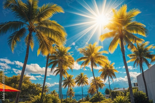 Captivating Summer Views with Palms and Bright Solar Rays for Your Graphic Design Projects