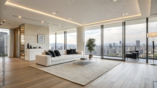Serene City Penthouse Living Room Bathed In Soft Sunlight  Offering Breathtaking Panoramic Views And Minimalist Elegance