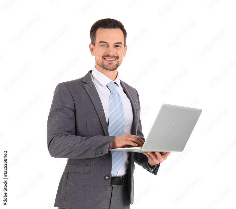 Handsome businessman in suit using laptop on white background Handsome businessman in suit using laptop on white background