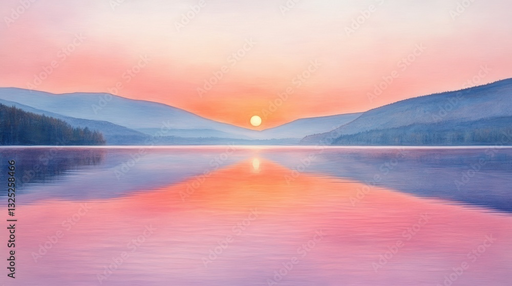 Fototapeta premium Misty Sunrise Over Calm Lake Mountains