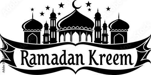 This is a black and white graphic for Ramadan Kareem. It features a silhouette of a mosque with domes and minarets, topped with a crescent moon and stars. The words "Ramadan Kareem" are written in an 