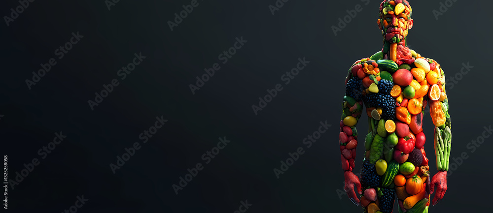Obraz premium Body of Nourishment: A conceptual illustration portrays a human figure formed entirely from an array of fresh, colorful fruits and vegetables, representing health and vitality. 