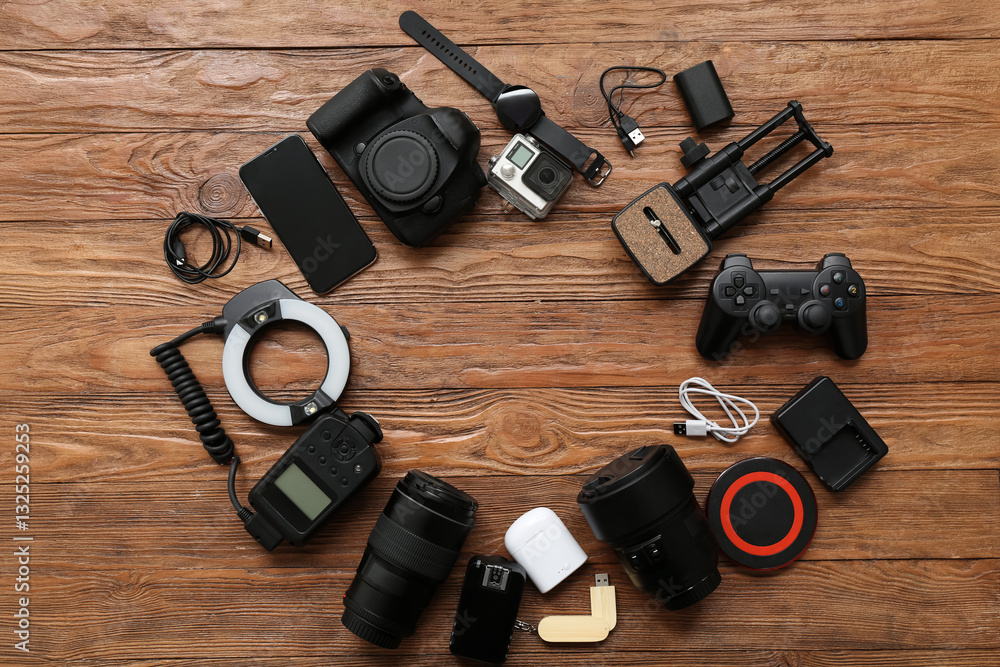 Frame made of modern gadgets on wooden background Frame made of modern gadgets on wooden background