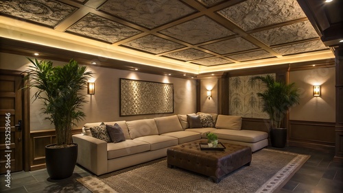 A Serene Home Theater Bathed In Warm  Inviting Light  Featuring A Plush Sectional Sofa And Elegant Coffered Ceiling  Creating A Tranquil Atmosphere Perfect For Movie Nights