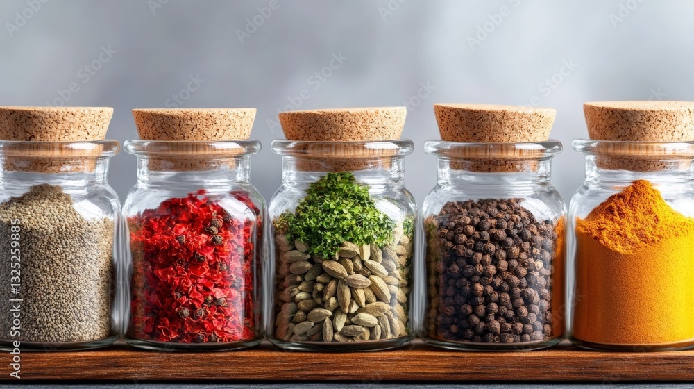 An aesthetic arrangement of various spices in glass jars showcasing the rich colors and textures of culinary ingredients An aesthetic arrangement of various spices in glass jars showcasing the rich colors and textures of culinary ingredients