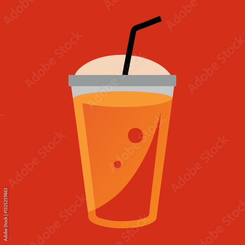 This is a stylized illustration of a vibrant orange drink in a clear plastic cup with a grey lid and a black straw. Bubbles are visible within the beverage, and a creamy foam tops the drink. The backg