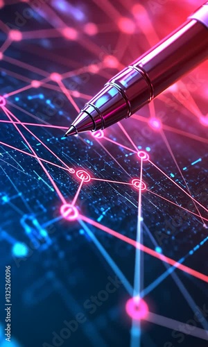 Close-up of a metallic pen poised over a digital network of interconnected nodes and lines