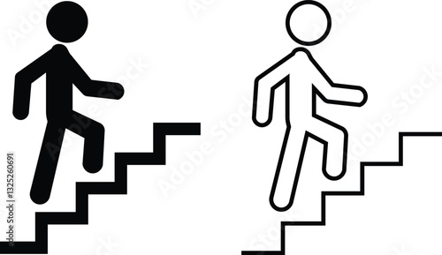 Man with Staircase or Stairs Pictogram vector. Cliparts depict various actions of a person with stairs. Man walks up the stairs, stick figure pictograms people, human silhouette icon set.