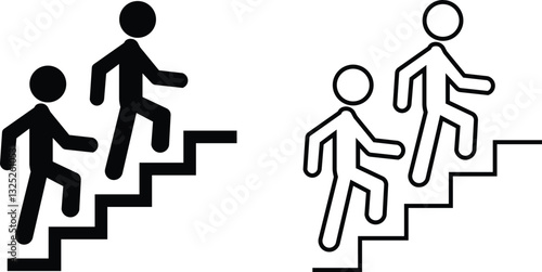 Man with Staircase or Stairs Pictogram vector. Cliparts depict various actions of a person with stairs. Man walks up the stairs, stick figure pictograms people, human silhouette icon set.