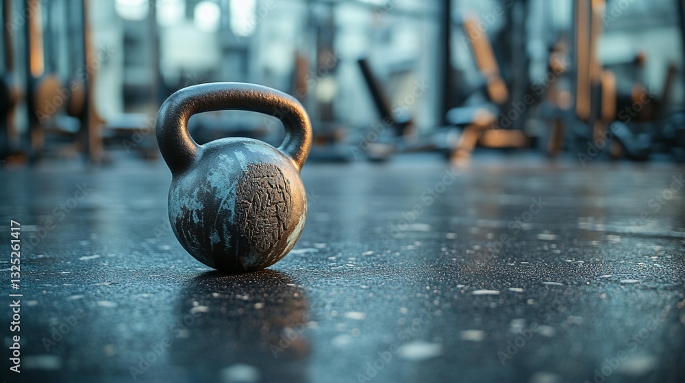 Fototapeta premium Close-up of a weathered kettlebell on a gym floor, with blurred fitness equipment in the background.