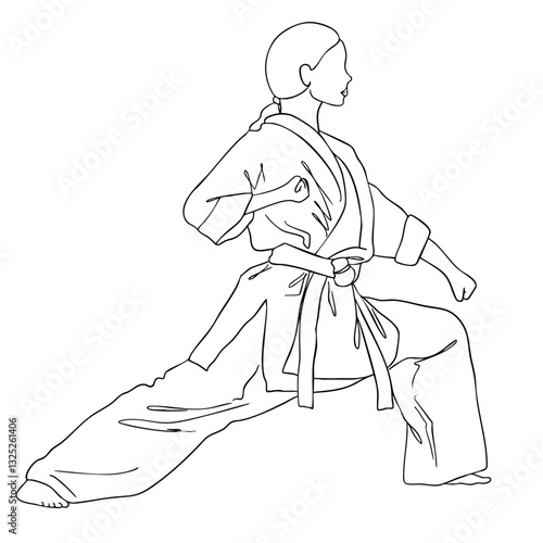 Minimalist one-line drawing of a martial artist in a strong stance wearing a traditional gi and belt. The illustration captures focus, discipline, and movement, making it ideal for sports, self-defens