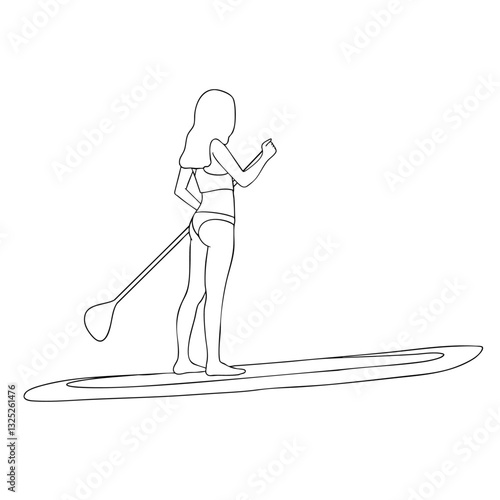 Minimalist vector one-line drawing of a female paddleboarding, capturing balance, relaxation, and movement. The fluid lines emphasize outdoor adventure and water sports. Ideal for summer, beach.