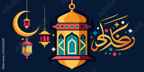 This image depicts a vibrant illustration celebrating Ramadan. A golden crescent moon hangs alongside colorful hanging lanterns. A large, ornate lantern stands prominently, while Arabic calligraphy, l