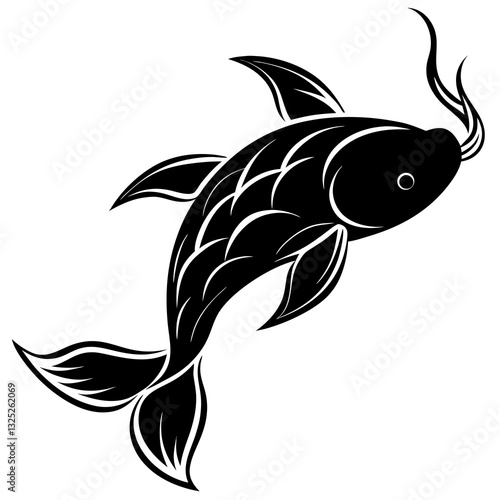 This is a black and white illustration of a koi fish in profile, rendered in a stylized, graphic design. The fish is depicted with a curved body and flowing fins, and its scales are suggested by delic