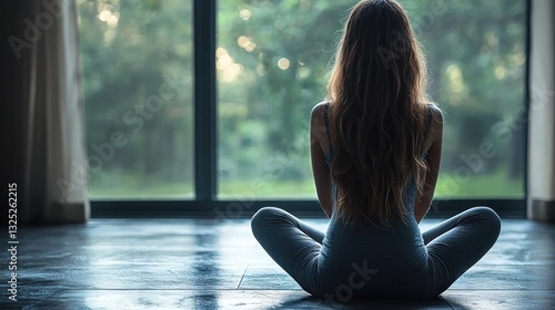 Woman meditating, sitting in lotus pose by window. Free Download Woman meditating, sitting in lotus pose by window. - GFXLoad
