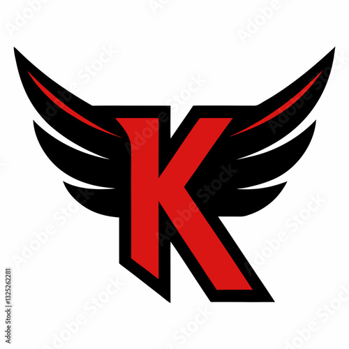 This is a logo featuring a bold, red letter "K" with sharp, angular lines. Flanking the "K" are stylized black wings outlined in red. The wings extend outwards and upwards, giving the impression of fl