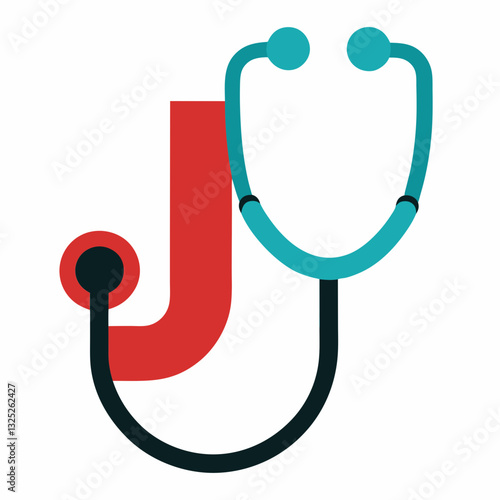 A bright red stylized letter "J" is partially obscured by a teal and black stethoscope. The stethoscope's earpieces are positioned above the top curve of the "J," and its tubing loops down and around 