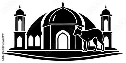 This is a black and white illustration featuring a mosque-like building with a dome and two minarets. In front of the building, to the right of the entrance, stands a silhouetted canine figure. The en