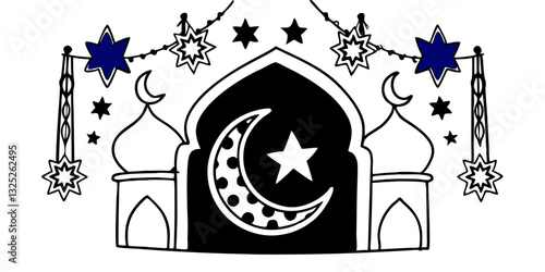 This black and white illustration depicts a stylized mosque with crescent moons and stars adorning its domes and entrance. Festive decorations, including strings of stars and hanging lanterns, are dra