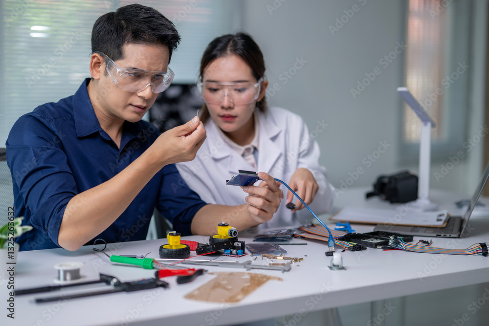 A man and a woman are working on a project together A man and a woman are working on a project together