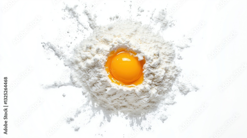 A pile of flour with a broken egg in the center on a white background, isolate A pile of flour with a broken egg in the center on a white background, isolate