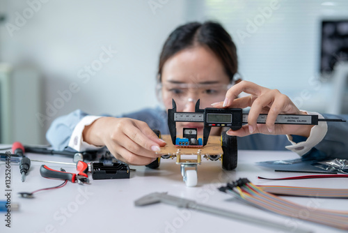 A woman is working on a robot
