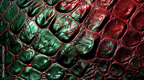 Closeup view of red green crocodile skin texture detail background.