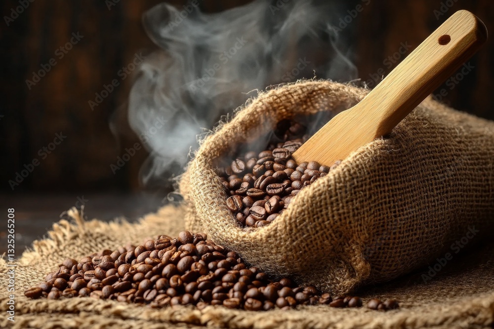 Freshly Roasted Coffee Beans in a Rustic Jute Sack with Steam Rising, Wooden Scoop, and Brown Background for Warm Beverage Aesthetic Freshly Roasted Coffee Beans in a Rustic Jute Sack with Steam Rising, Wooden Scoop, and Brown Background for Warm Beverage Aesthetic
