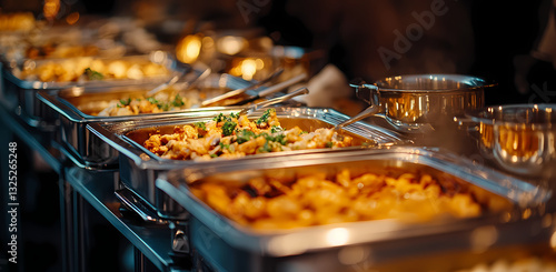 Culinary Spread: A tempting assortment of dishes awaits, displayed in elegant chafing dishes, their contents radiating culinary artistry and aroma