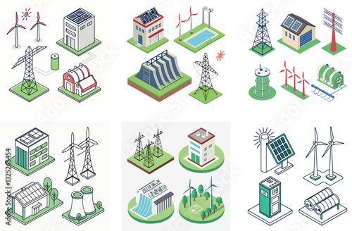 Sustainable Energy Icons – Renewable Power Sources and Green Electricity