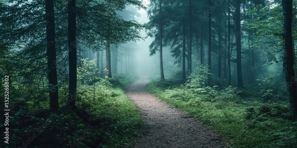 Fototapeta premium A forest path with trees and a foggy atmosphere