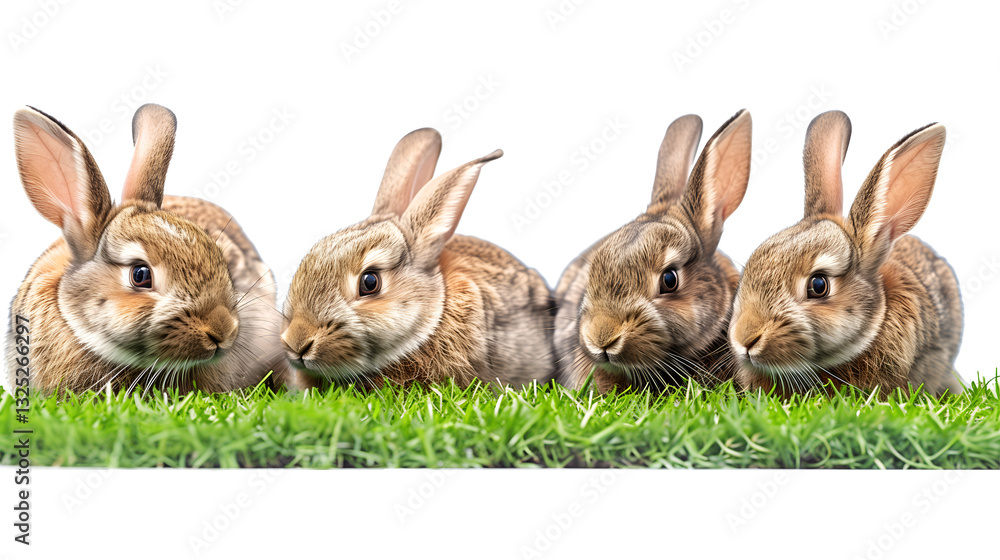 Obraz premium A group of brown rabbits on the grass with transparent isolated background.