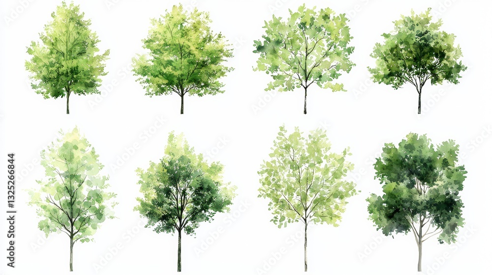 A stunning set of eight watercolor botanical tree elements