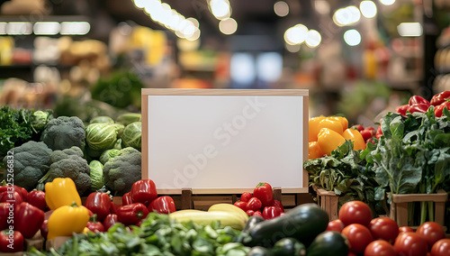 Fresh Produce Showcase: A vibrant display of colorful fruits and vegetables at a farmers market, inviting freshness and healthy choices, and a blank sign.