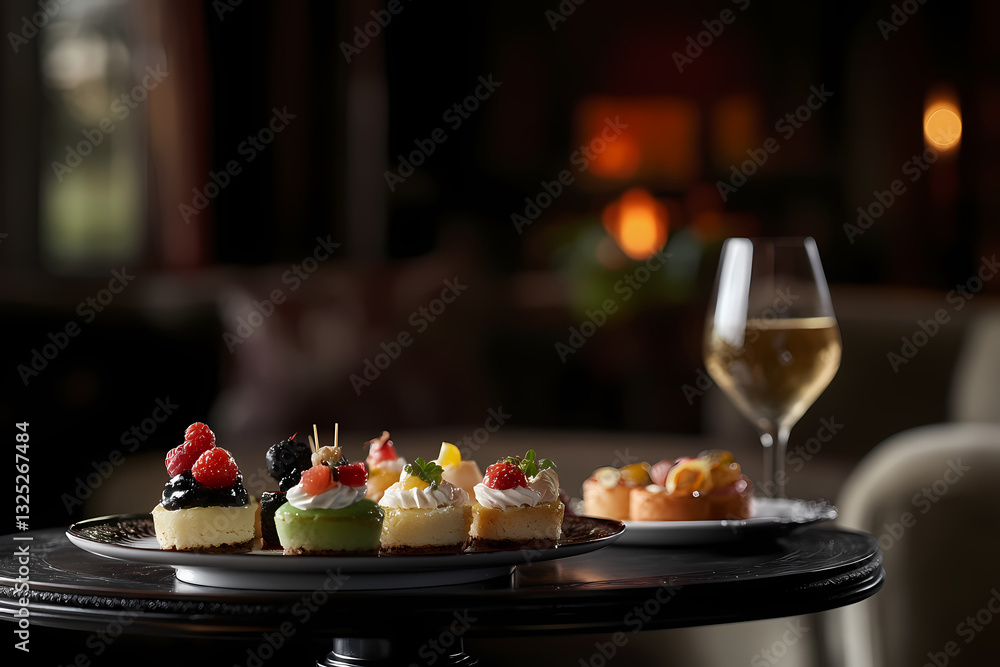 An Exquisite Confectionary Delight: A captivating close-up view of assorted pastries and a glass of wine on a elegant table. A visual symphony of flavors and textures. An Exquisite Confectionary Delight: A captivating close-up view of assorted pastries and a glass of wine on a elegant table. A visual symphony of flavors and textures.