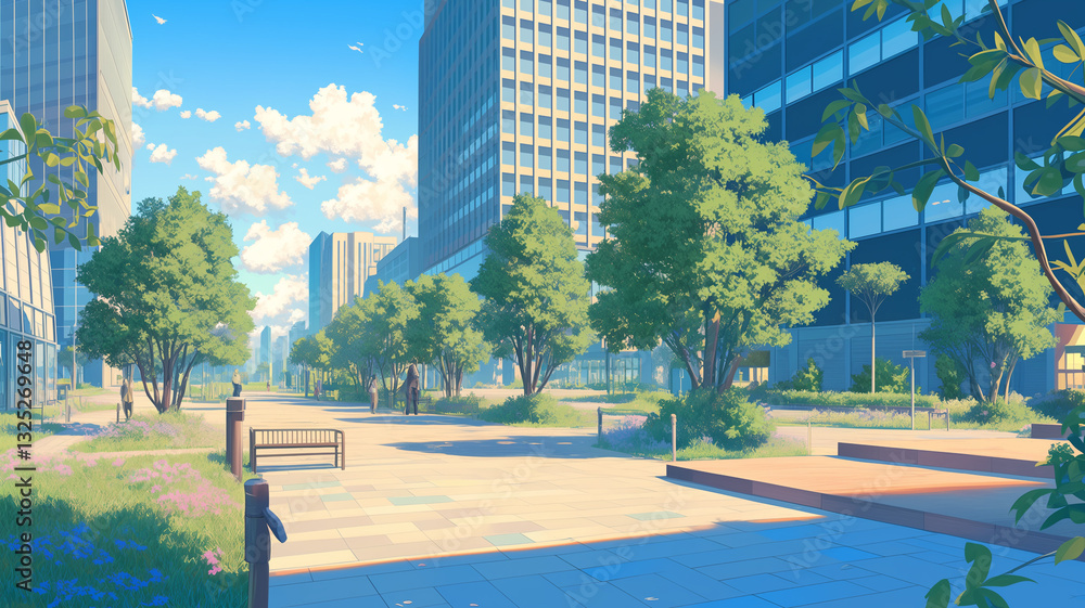 Obraz premium 未来都市の理想的な公園風景｜高層ビルと自然が調和する都会のリラックス空間｜青空に映える木々と広大な芝生が広がる風景