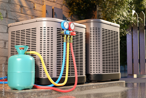 HVAC.  air conditioning units undergoing maintenance with a refrigerant tank and manifold gauge set, connected via colorful hoses, against a brick wall background 3d image