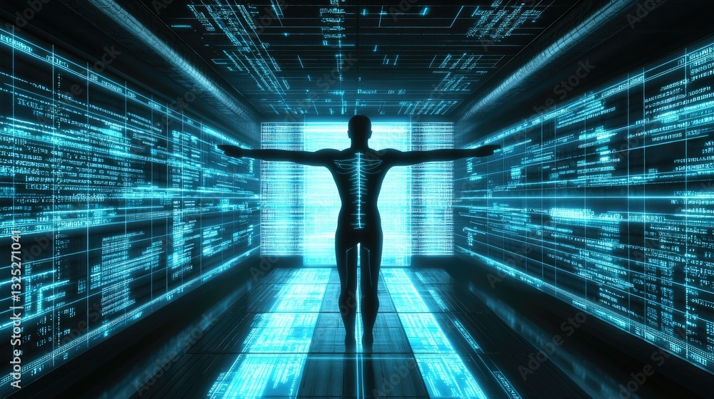 Silhouette stands in tunnel of glowing digital code. Technology concept for business, education Silhouette stands in tunnel of glowing digital code. Technology concept for business, education