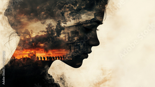 Silhouette of a woman with war memories in double exposure with copy space PTSD awareness month June