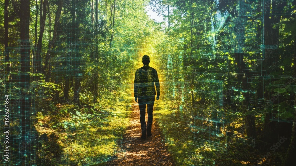 Obraz premium silhouette figure walking amidst digital forest grid connecting nature with technology