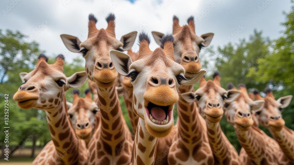 Naklejka premium Group of Giraffes Close-up with Playful Expressions under Blue Sky and Green Trees in a Natural Habitat Setting