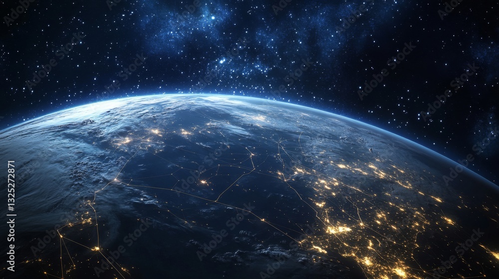 Obraz premium Earth at Night Viewed from Space: Blue Planet with City Lights and Stars